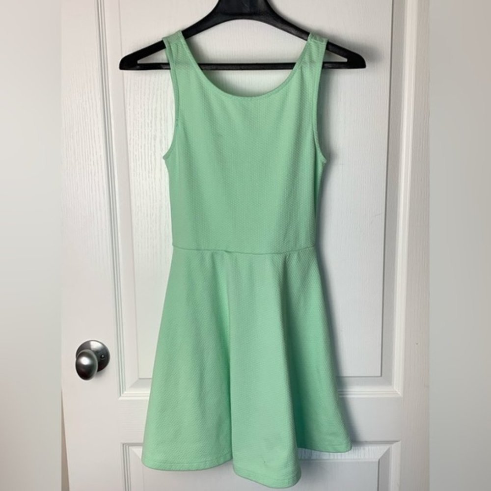 H&M Mint Green Textured Skater Mini-Dress with Cut Out Back Detail